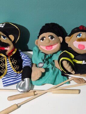 Vintage Melissa & Doug Children's Hand Puppets Doctor Firefighter Pirate